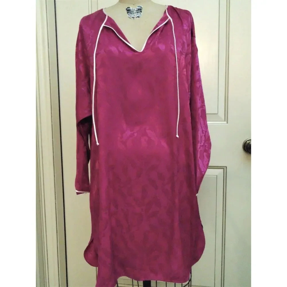 Vtg 80s Mary McFadden Magenta Damask Boho Midi V Neck Tunic Loungewear S M